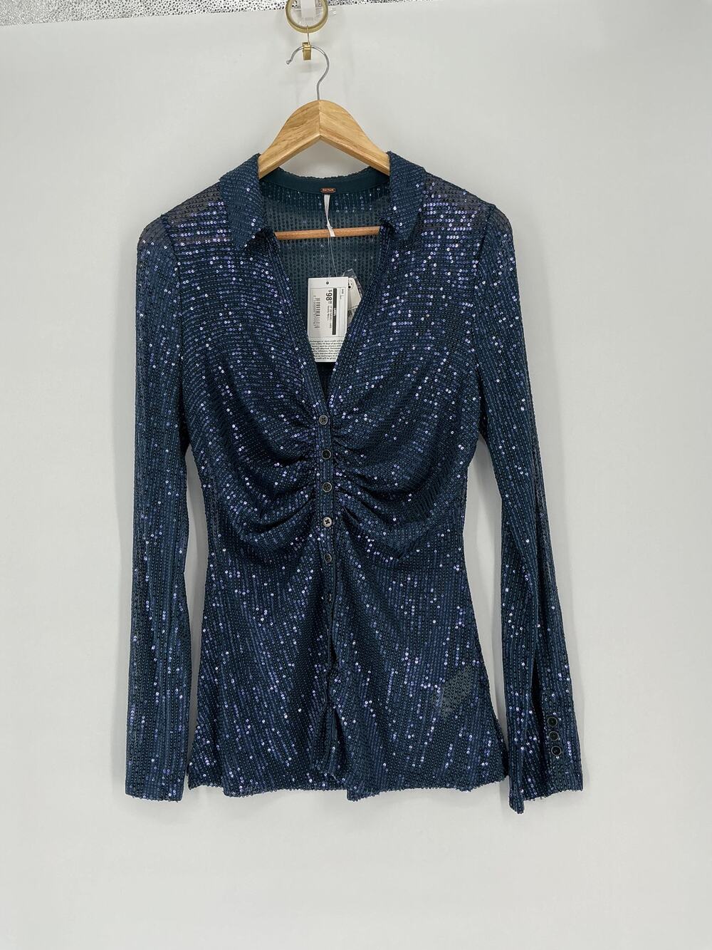 Free People Varsity Navy Sequin Sheer Button Front Top Size L NWT $98